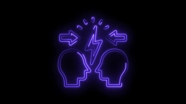 Neon confrontation two heads facing off with lightning bolts of conflict and arrows