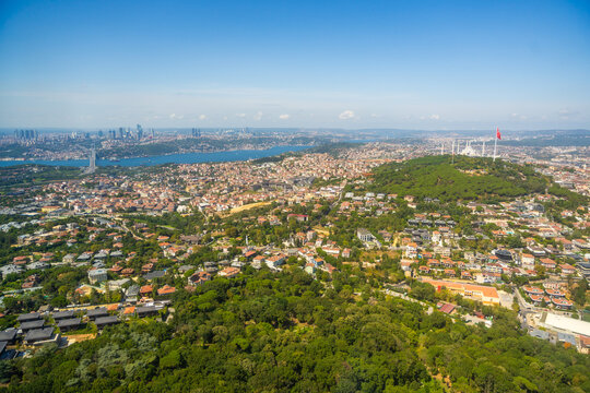 Aerial view of Istanbul, Turkey showcasing urban landscape, green hills, and Bosphorus strait with city skyline in the background