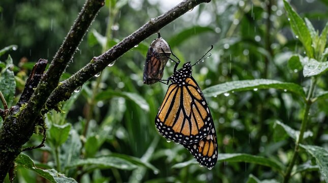 Monarch butterfly emerges from chrysalis in rain