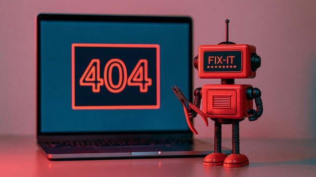 Toy robot holding wrench next to laptop with 404 error message on screen  