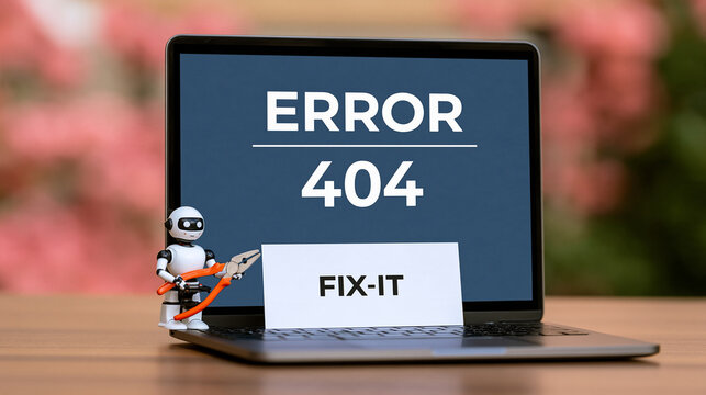 Small robot holding pliers next to laptop with error 404 message outdoors  
