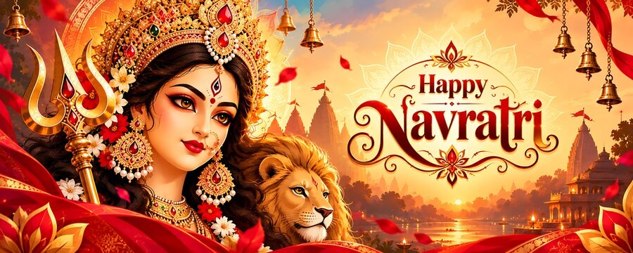 Happy Navratri Festival Banner with Goddess Durga, Lion and Traditional Decorations