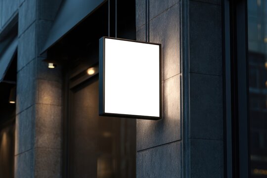 Blank square sign on urban building facade at night