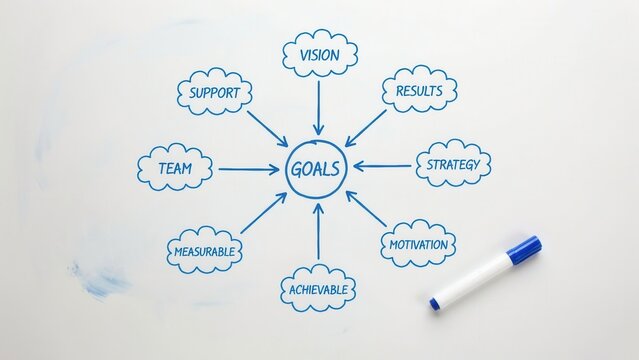 Hand drawn business goals flowchart illustration with blue ink markers on a clean white surface highlighting key corporate success strategies