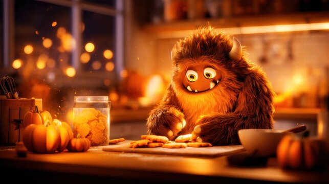 A cheerful furry creature bakes cookies with pumpkins and warm light in a cozy kitchen setting