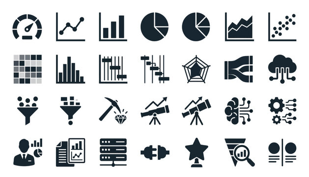 Set of data analysis and business intelligence icons, including charts, graphs, metrics, and analytics tools