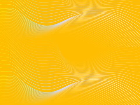 A bright yellow abstract background featuring smooth, flowing wavy lines framed at the top and bottom. The thin curved lines showcase a subtle gradient from light mint green and cyan to pure white