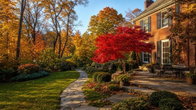 Beautiful brick home in autumn with red maple tree and sunny garden path.