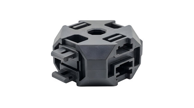 Black plastic modular connector block with mounting slots mounting bracket structural component industrial part plastic fastener technical component construction joint engineering part