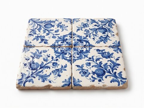 Vintage Portuguese azulejo ceramic tiles, antique blue and white floral pattern tiles, traditional mediterranean pottery decor on white background