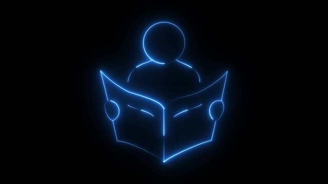 glowing neon person reading book icon isolated on . futuristic education, learning, knowledge study concept. on black background Motion graphics of concept video