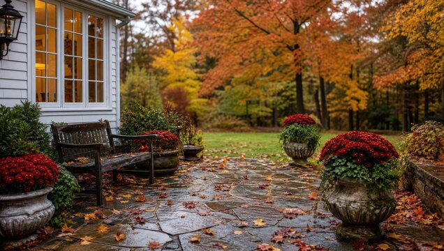 Cozy autumn backyard patio with wet flagstone and fallen leaves, potted red mums, and wooden bench near white house.