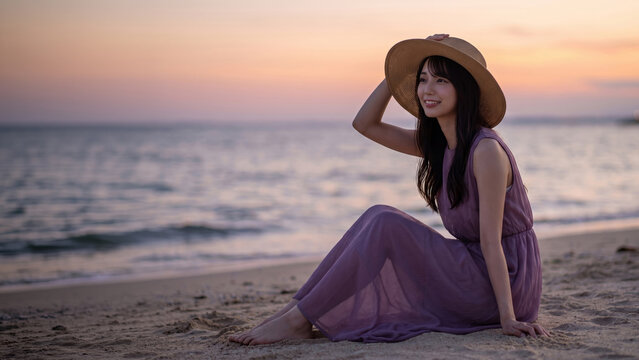 夕暮れの砂浜に座り麦わら帽子を押さえる女性