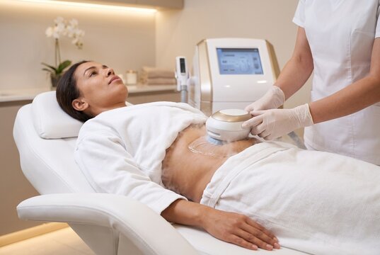 Esth&eacute;ticienne professionnelle effectuant un traitement de remodelage corporel par cryolipolyse avec de la vapeur froide sur l'abdomen d'une cliente dans une clinique esth&eacute;tique