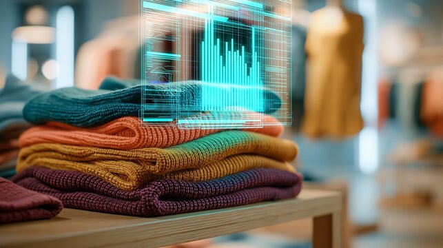 Folded colorful knitted sweaters with a digital data interface hologram, isolated on transparent background. Concept for retail analytics and smart fashion inventory management.