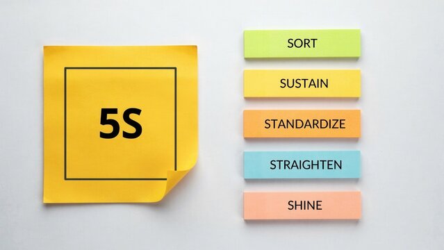 Bright yellow sticky note labeled 5S rests near colorful small paper strips displaying organized industrial lean manufacturing workplace management concepts