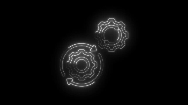 Neon outline of interlocking gears with circular arrows indicating process flow and icon