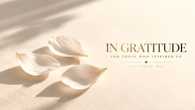 Delicate flower petals on a textured surface with all saints day text graphic shadow play religious holiday still life