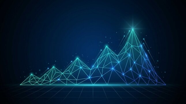 Glowing polygon mountain chart lines rising upward symbolizing financial growth, business success, data analytics, and digital technology progress