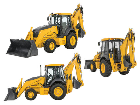 Set of yellow heavy construction backhoe loader from multiple angles isolated on transparent background