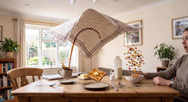 Breakfast table where coffee pours upward and toast floats above the plate, surreal reversed gravity kitchen scene