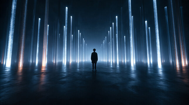 Silhouette of Person Standing in Futuristic Digital Light Room