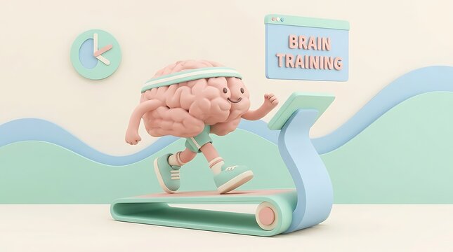 Cute cartoon brain character running on a treadmill for brain training exercise in a modern room