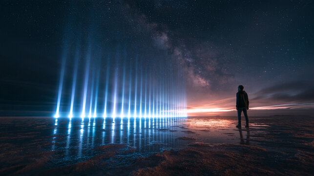 Silhouette of Man Standing Before Futuristic Glowing Light Beams