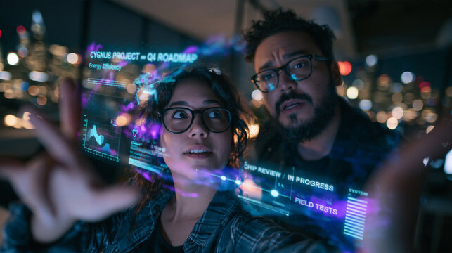 Engineers Analyzing Futuristic Digital Hologram Interface at Night