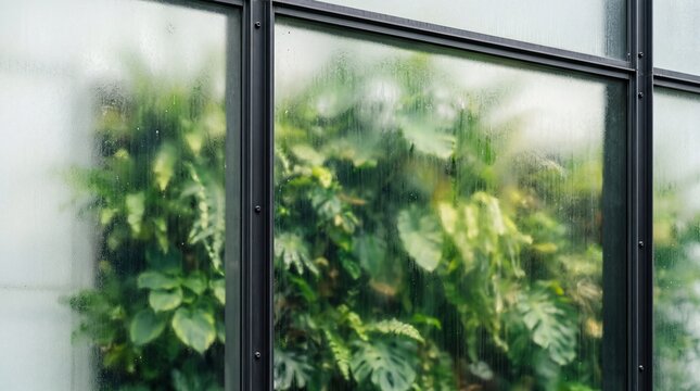 Lush Tropical Plants Seen Through Steamy Greenhouse Window
