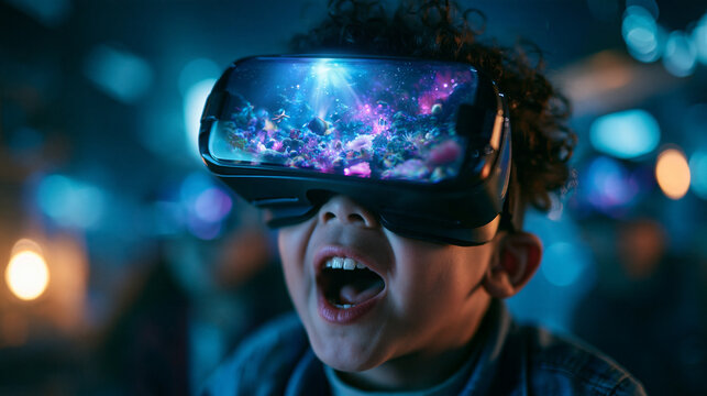 Amazed Little Boy Wearing VR Headset Experiencing Virtual Reality