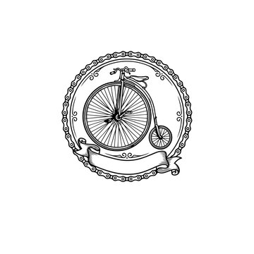 Vintage penny farthing bicycle badge design with chain link border