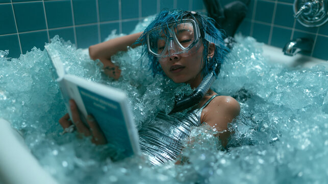 Young Woman Wearing Snorkel Reading Book in Ice Bath