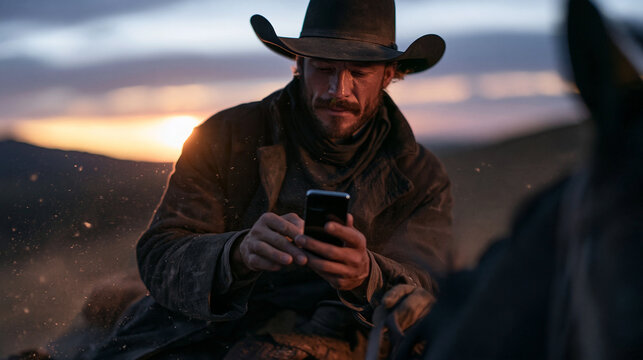 Cowboy Using Smartphone on Horseback at Sunset