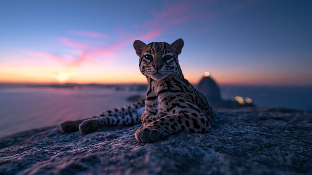 Ocelot Resting on Mountain Peak Overlooking Coastal Sunset