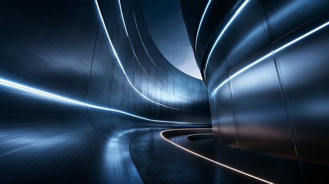 Futuristic Curved Metallic Tunnel with Glowing Neon Light Lines