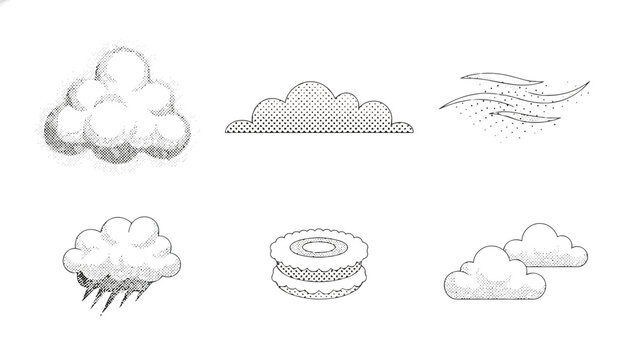 Detailed engraving style weather and cloud icon set featuring cumulus stratus rain wind and food elements.