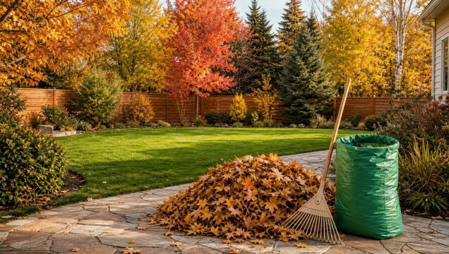 Green plastic leaf bag with full pile of autumn maple leaves and rake.