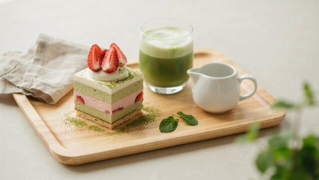 Layered strawberry matcha cake served on wooden tray with frothy green tea beverage in soft natural morning studio light