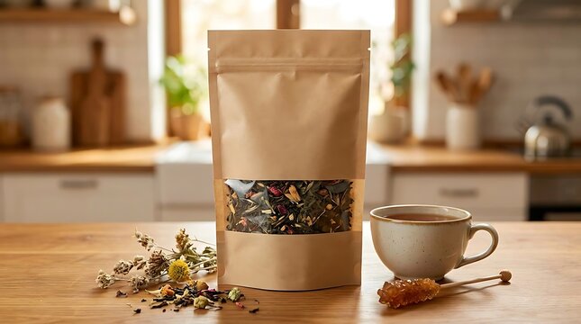 Blank tea packaging with a transparent window, teacup, dried plants, sugar stick, front view, on a warm background, packaging mockup with empty space to display your branding design.