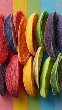 Many different colored fruit chips arranged on a colorful background food background