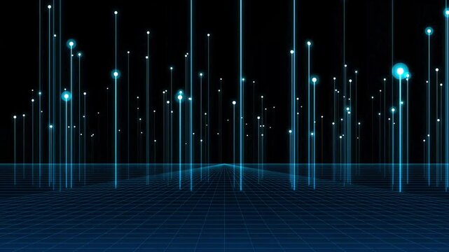 Digital data network abstract background, with glowing blue, light beams and, grid floor for, technology and cyber, security concepts