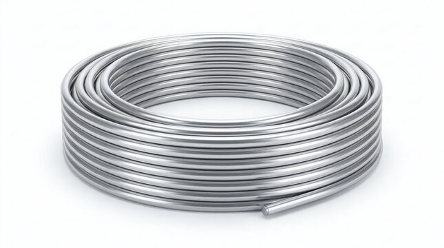 High quality shiny metallic silver steel wire coil roll isolated on white background for industrial and construction supply use