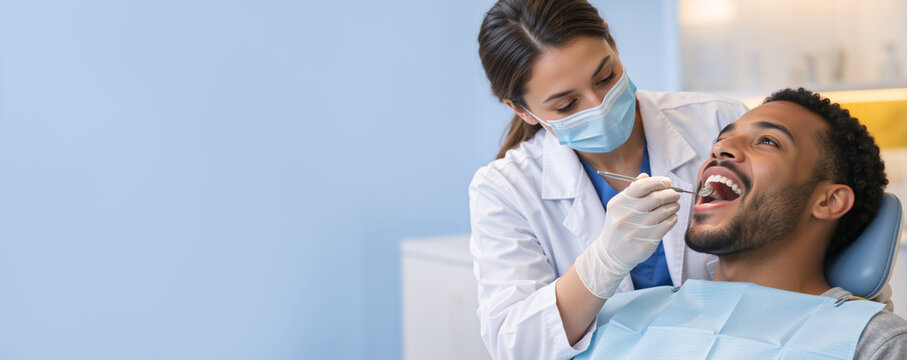 Female dentist examining the teeth of a smiling Black male patient. Professional oral checkup in a dental clinic using a mirror. Copy space for text