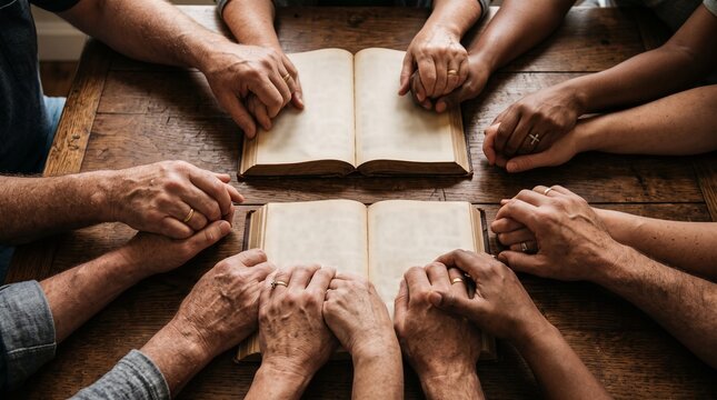 Overhead view of people's hands holding open books around wooden table, group reading and study together