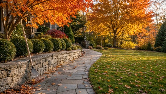 Leaf rake near stone garden retaining wall in scenic autumn park.
