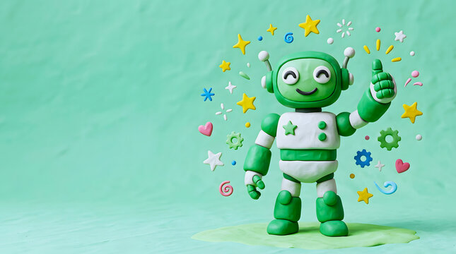 Green and white clay robot giving a thumbs up gesture with celebratory elements and stars around it.