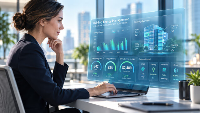 Building energy management dashboard interface professional woman analyzing smart building efficiency data visualization digital twin technology sustainability monitoring IoT infrastructure