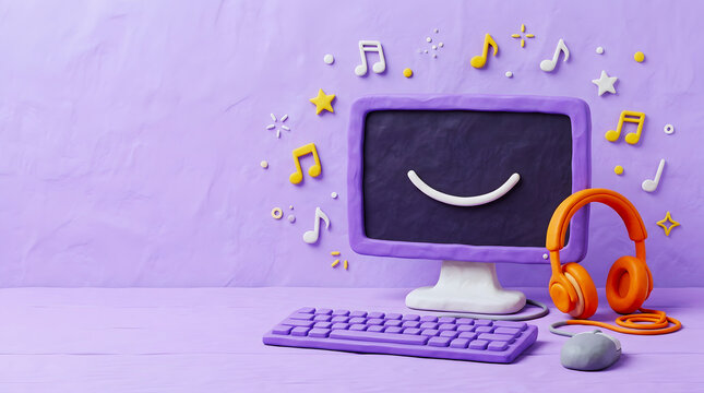 Claymation computer monitor with smile on screen keyboard headphones and music notes on purple background.