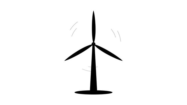 Black silhouette of a spinning wind turbine represents sustainable energy on a clean white background.